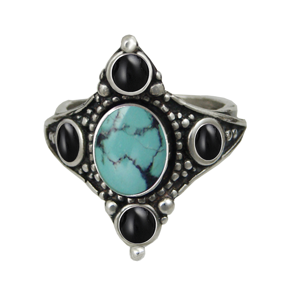 Sterling Silver Queen's Ring With Chinese Turquoise And Black Onyx Size 9